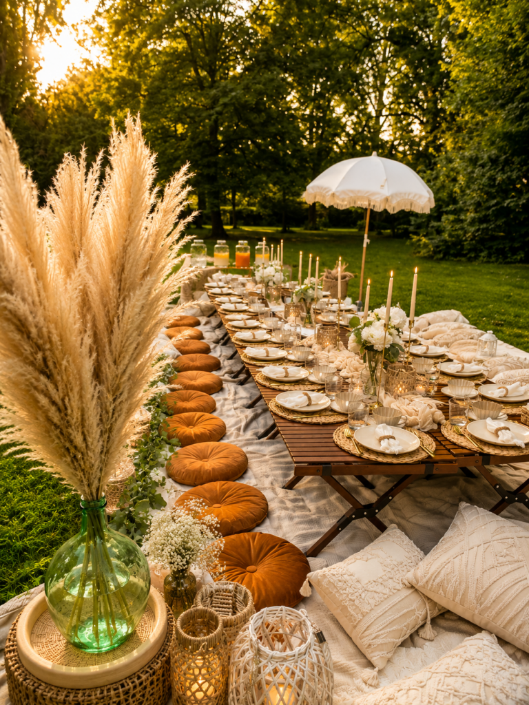 Beispielvisualisierung einer gedeckten Picknicktafel mit Sitzkissen im Garten